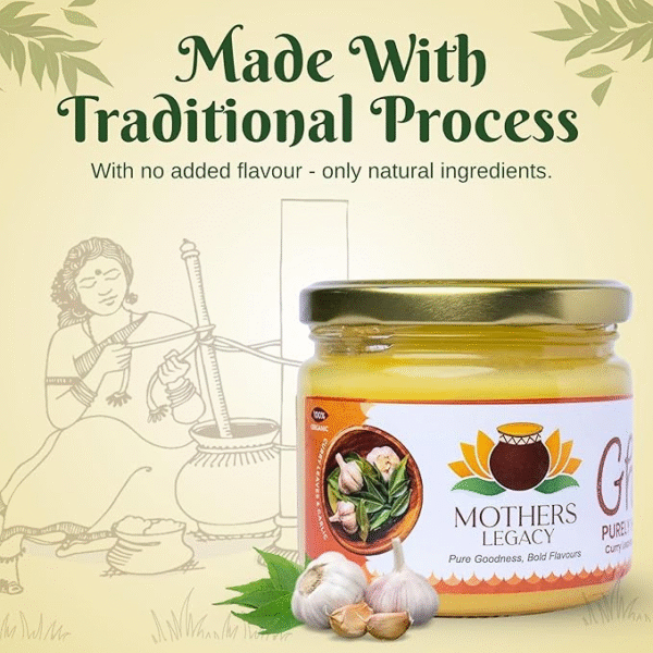 Mother Legacy Organic Garlic Flavour Desi Cow Ghee 500ml | Traditional Bilona Curd-Churned Ghee | Grass-Fed Cultured Pure Ghee | Vedic Handmade Clarified Butter for Tadka, Cooking & Indian Recipes - Image 3